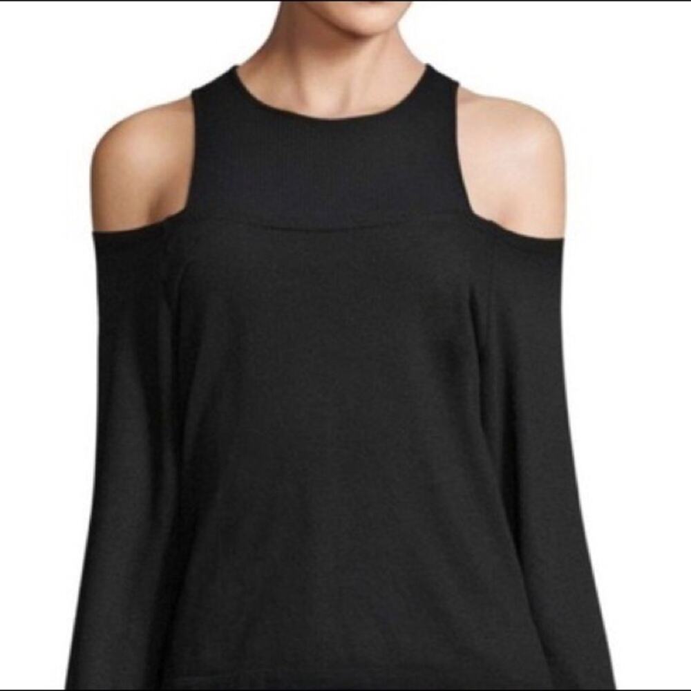 MONROW Black Ribbed Cold Shoulder Double Layered Top Size XS